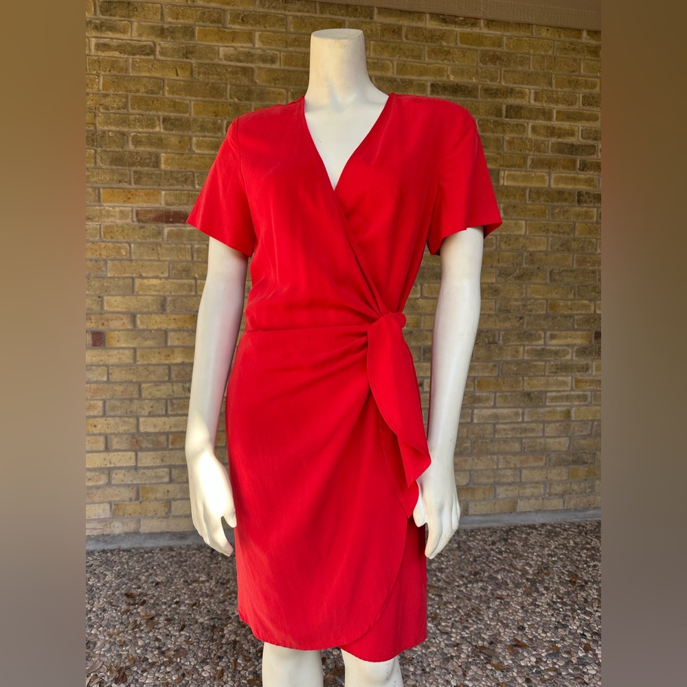 Vintage 90s Red 100% Silk Wrap Dress Short Sleeve Minimalist Cocktail